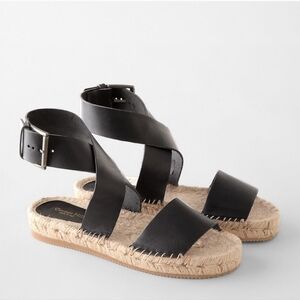 Garnet Hill Adelina Sandals Espadrille Flat Shoes Ankle Wrap Black And Jute Sz 7